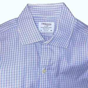 TM Lewin Men’s Dress Shirt 16x38 Red White Blue Check French Cuff Long Sleeve